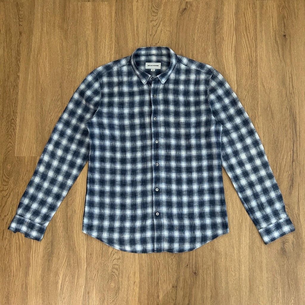 SOLID HOMME Plaid Linen Button Up Short