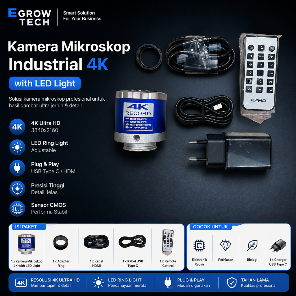 EGROW AMSZOOM Kamera Mikroskop Industrial Ultra HD 4K with LED Light - AZ4