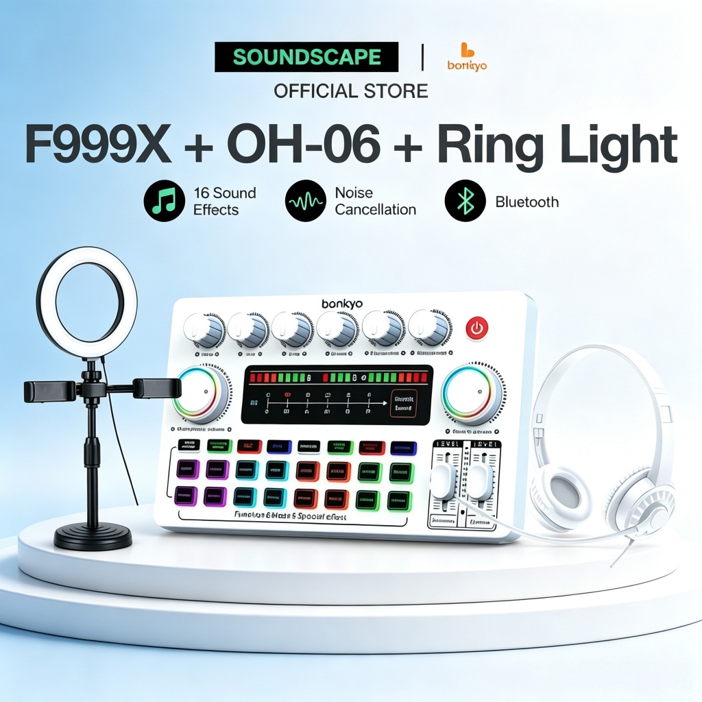 Soundscape Soundcard Live Streaming F999X Paket Lengkap Headset OH-06 Ring Light Lampu Selfie 16 Efe