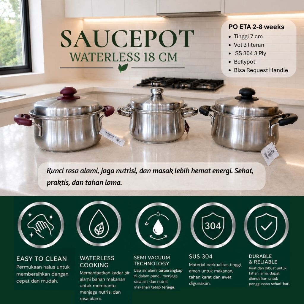 BIMA WATERLESS SAUCEPOT 18 CM MAROON ATAU HITAM HANDLE