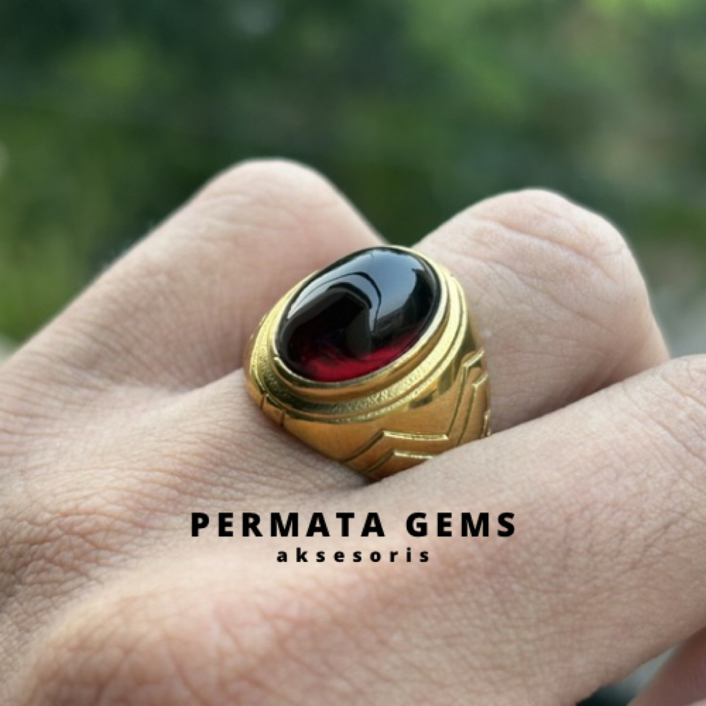 Cincin Batu Kecubung Wulung Tembus Merah Ring Gold