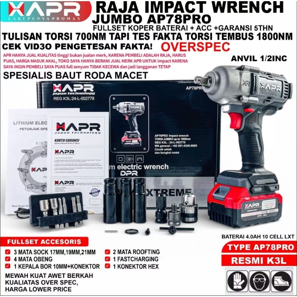 IMPACT APR 78 PRO / impact WRENCH apr 1800NM 1 BATERAI / impact apr 1 baterai