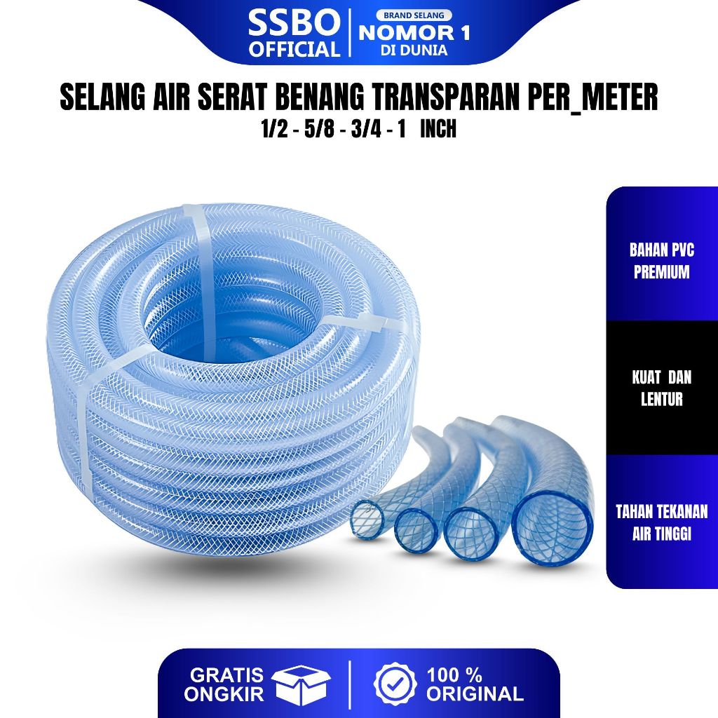 SSBO Selang Air Selang Cuci Motor Selang Transparant Serat Benang Ukuran 1/2 5/8 3/4 1 Inch Permeter