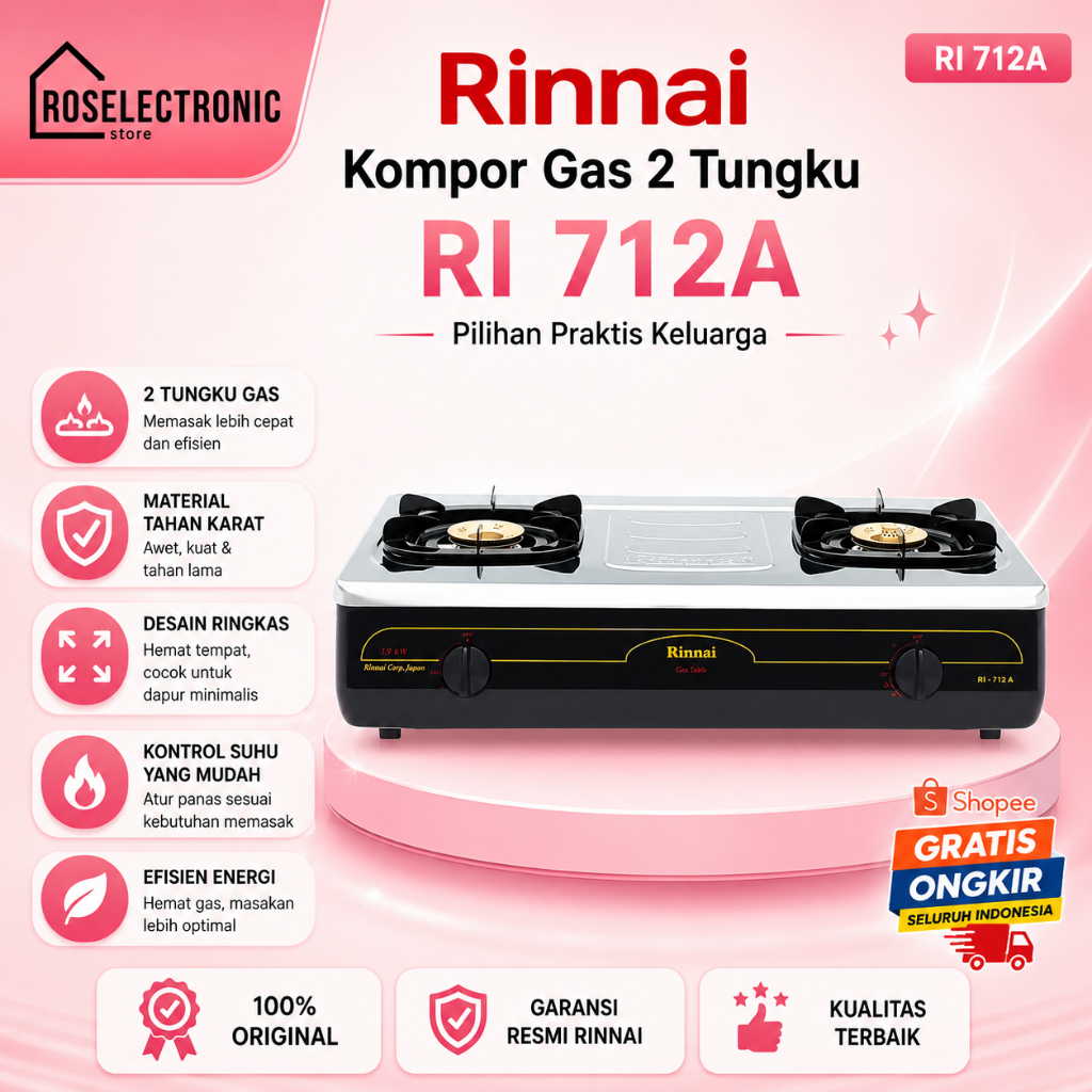 Kompor Gas Rinnai 2 Tungku RI 712A ORIGINAL BERGARANSI RESMI/RI712A/RI 712A/RI-712-A/RI 712 A