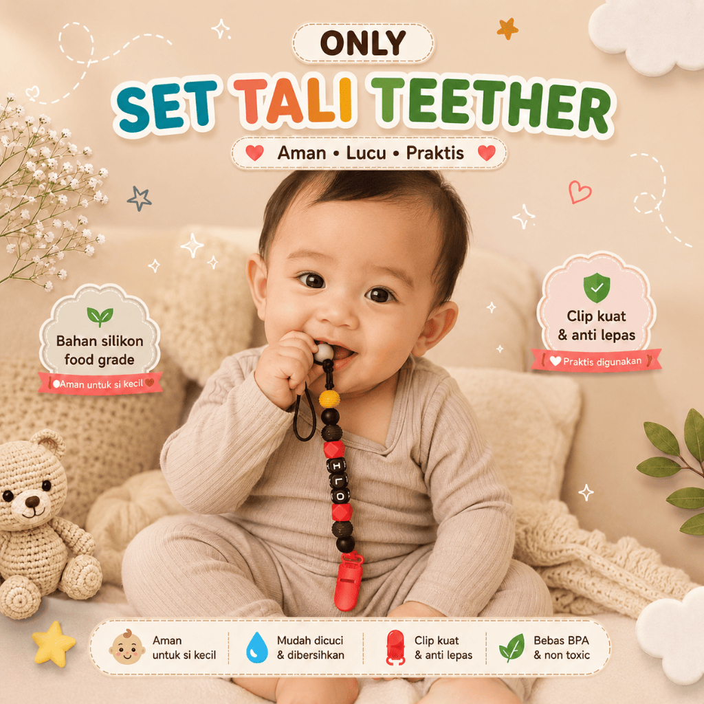 (SET A) TALI EMPENG CUSTOM NAMA / TALI SILICON TEETHER - TALI DAN  NAMA SAJA BABY GIFT HAMPERS HELLO