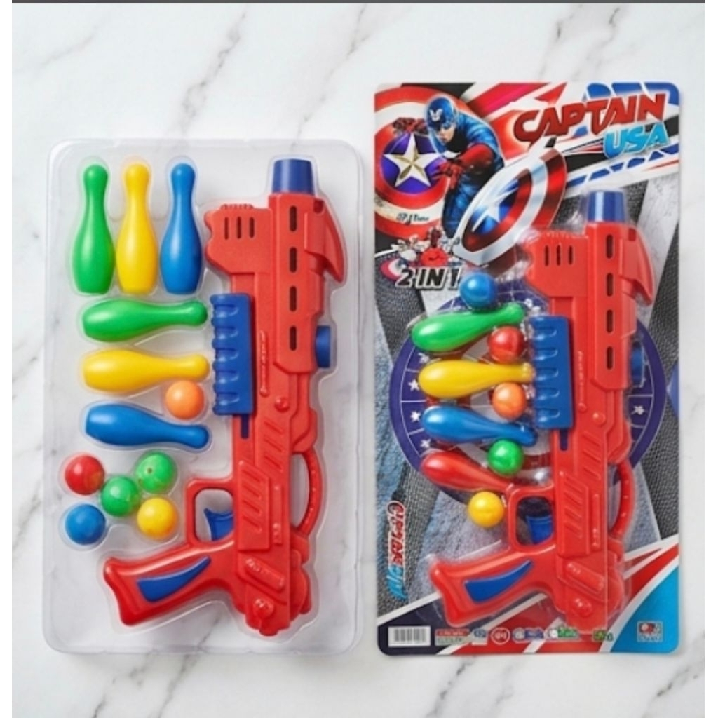 Mainan Anak Tembakan Captain USA 2 in 1 - Set Pistol Peluru Bola & Pin Bowling Mini Superhero