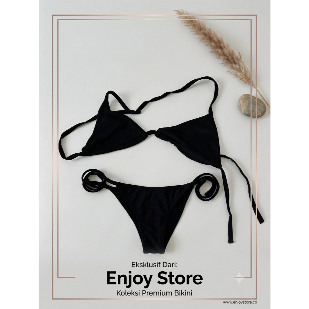 Bra Set Sexy Wanita Semi Thong BH Tanpa Busa CD Segita Tali Samping Hitam