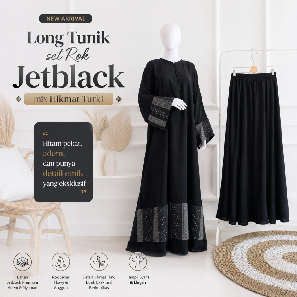 Tunik Batwing set rok payung jetblack premium | aswad One set khadijah | Set rok Tunik