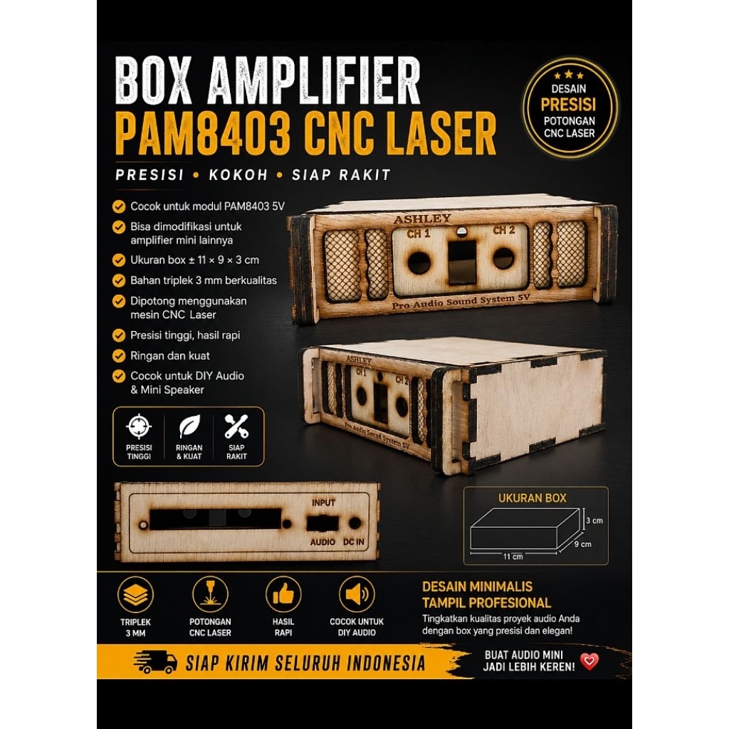 Box Amplifier Mini Universal CNC Laser Triplek 3mm | Cocok PAM8403, PAM8610, TPA3110 (Sesuai Ukuran 