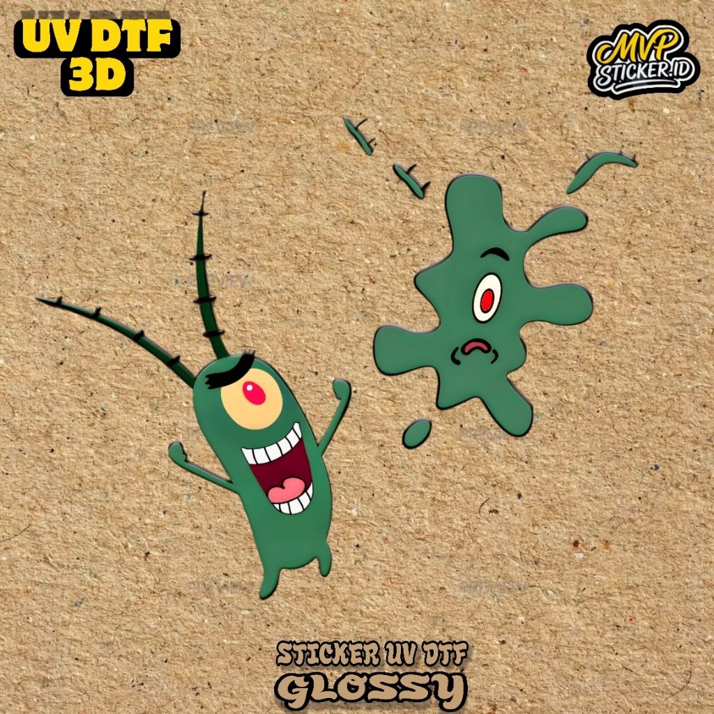 Sticker UV DTF 3D Plankton Spongebob | Stiker Unik Lucu Timbul Waterproof Tumbler Laptop Motor Mobil