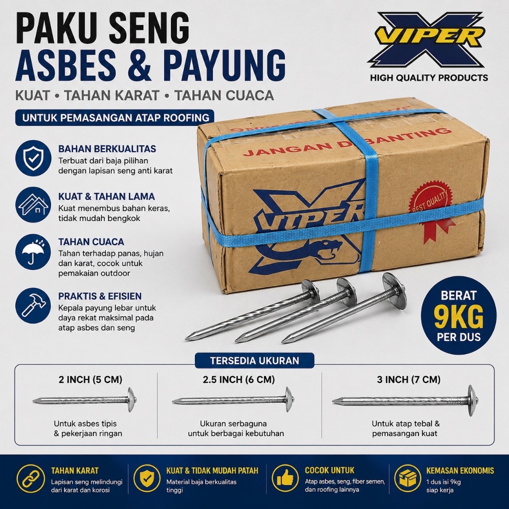 Viper Paku Seng Asbes & Payung 2in 5cm 2.5in 6cm & 3in 7cm Harga Per Dus 9kg untuk Pemasangan Atap R