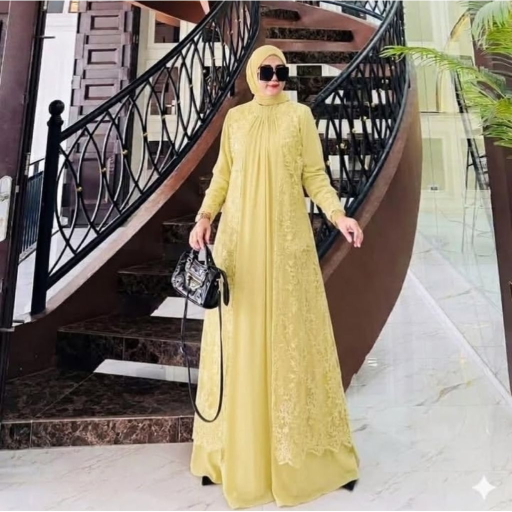 premium gamis kuning butter yellow viral / gamis kondangan dewasa brukat putih / zir ra kebaya moder