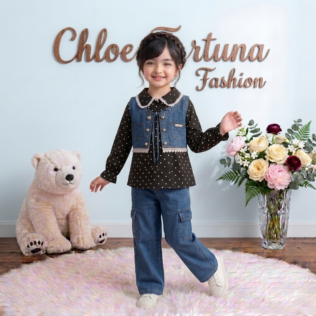 Set Harian Anak Tiara One Set Rompi Jeans Setelan Polkadot Rompi 3 in 1 Soft Jeans Mix Shakila Anak 