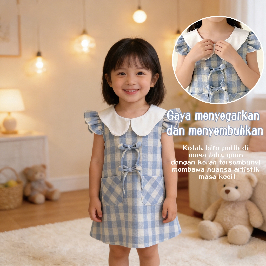 kebei-Gaun tanpa lengan kotak-kotak biru musim panas untuk anak perempuan dengan kerah boneka