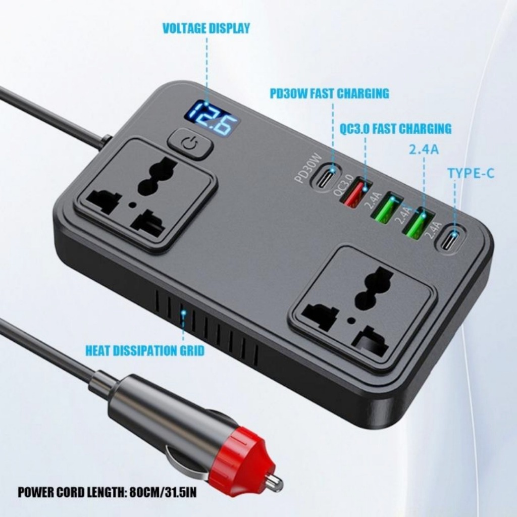 Power Socket Lighter Mobil 12/24V Power 150W Voltmeter Digital USB Fast Charging C15