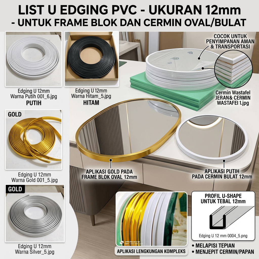 Liss Karet PVC Edging Photoblock 12mm Roll murah Edging PVC U Kaca Cermin Standing Mirror Pajangan