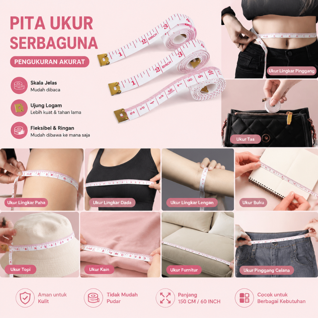 Meteran Pita Baju Alat Ukur Lingkar Badan Pinggang Kain Roll Tali Elastis Fleksibel Lembut Pakaian Tailor Jahit Penggaris Mini Portabel Praktis Serbaguna 150cm 60 Inci Murah Akurat Awet Diet Pengukur Kesehatan Pria Wanita Anak Pelangsing Penjahit