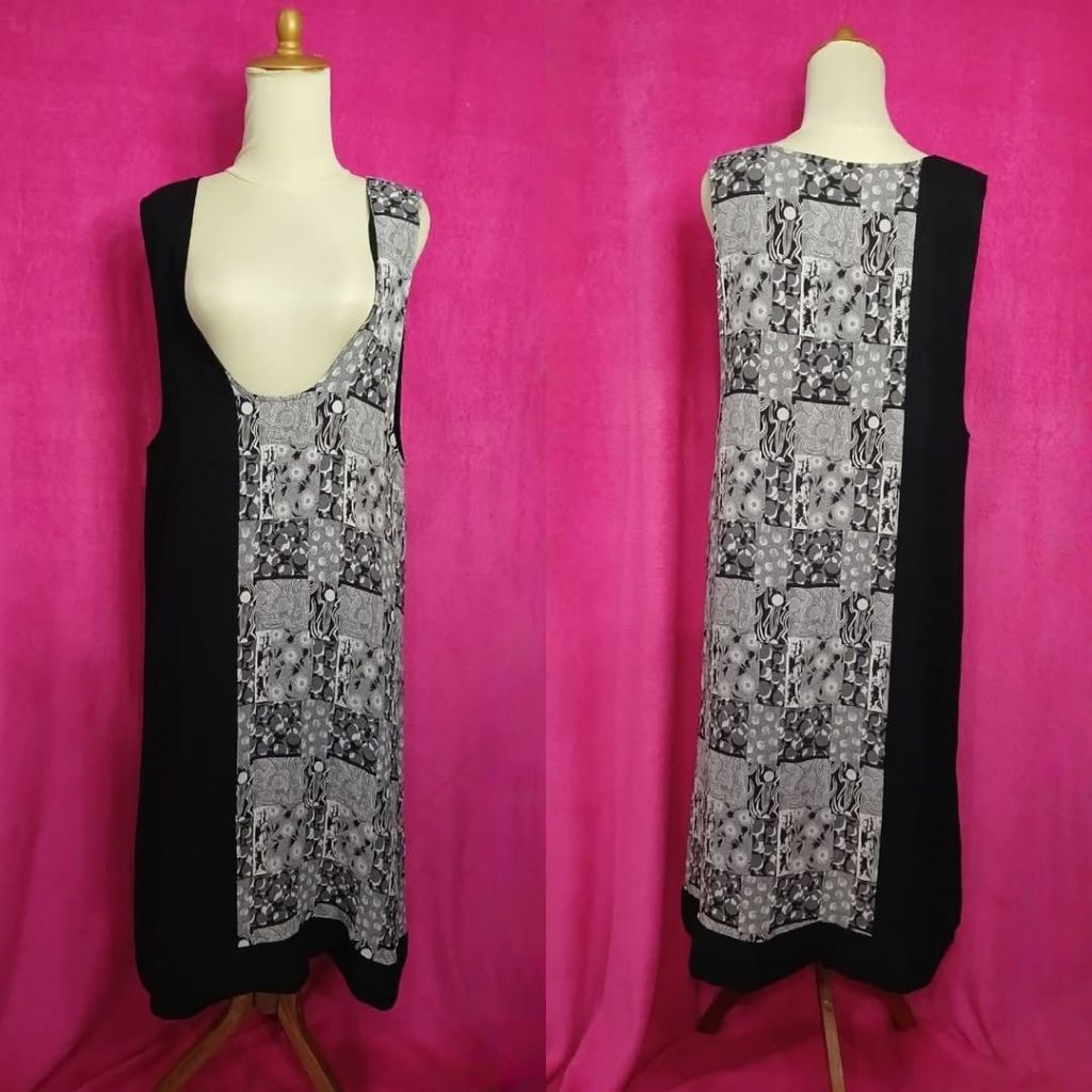 (Baca Deskripsi) Outer Dress Wanita Big Size Motif Patchwork Hitam Abu Batik Long Vest Motif Monokro