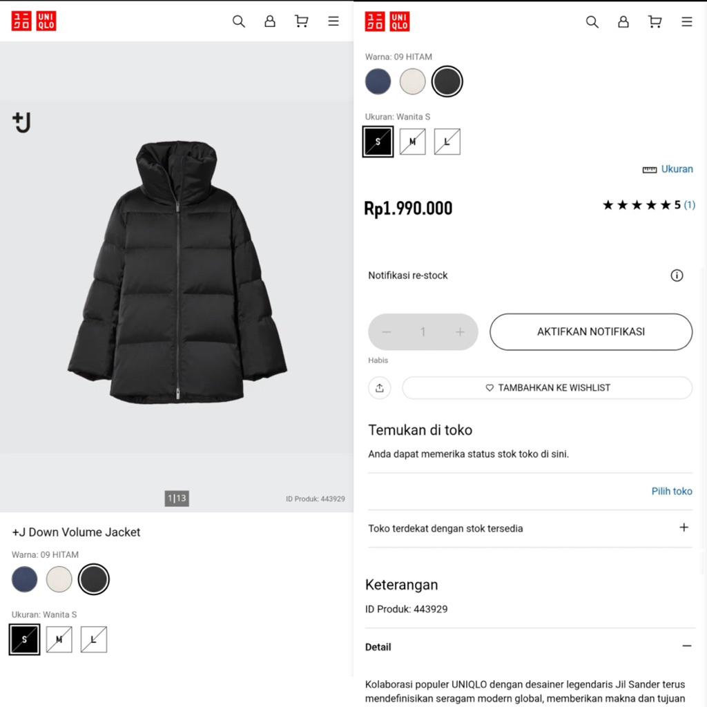Jaket Bulang Uniqlo Jil Sander Down Women