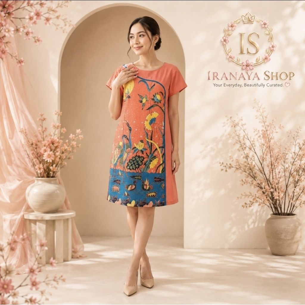 Dress Batik Kultur by Dea Valencia – Motif Burung & Teratai Coral | Premium Preloved Like New