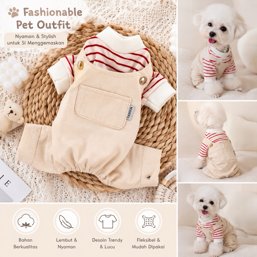 Baju Anjing Kucing Overall Garis Premium | Pet Jumpsuit Lucu | Bichon Poodle Maltese Pom
