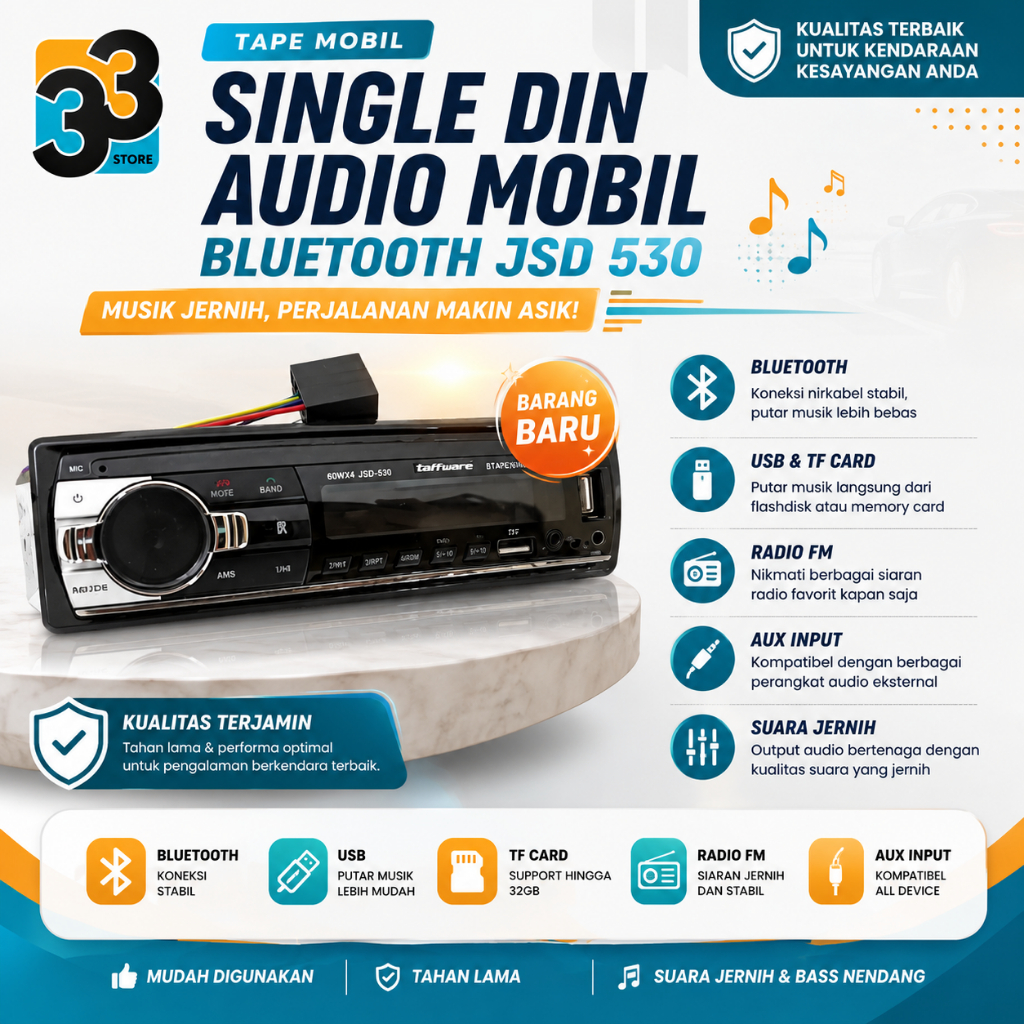 TAPE MOBIL MURAH - SINGLE DIN MOBIL - TAPE AUDIO MOBIL BLUETOOTH SINGLE DIN JSD 530 - BARANG BARU