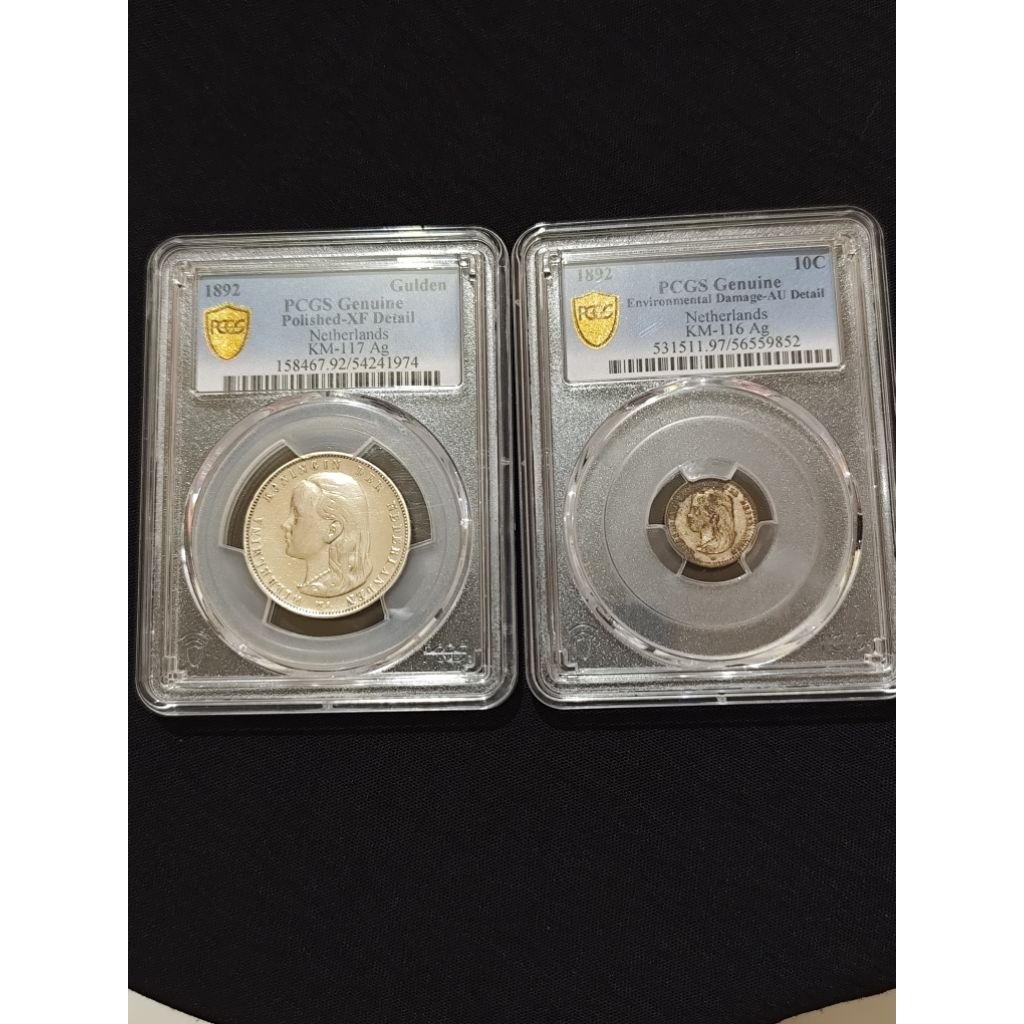 koin perak kuno asli 2 set 1 gulden wilhelmina long hair 1892&10 cent wilhelmina long hair 1892 sert