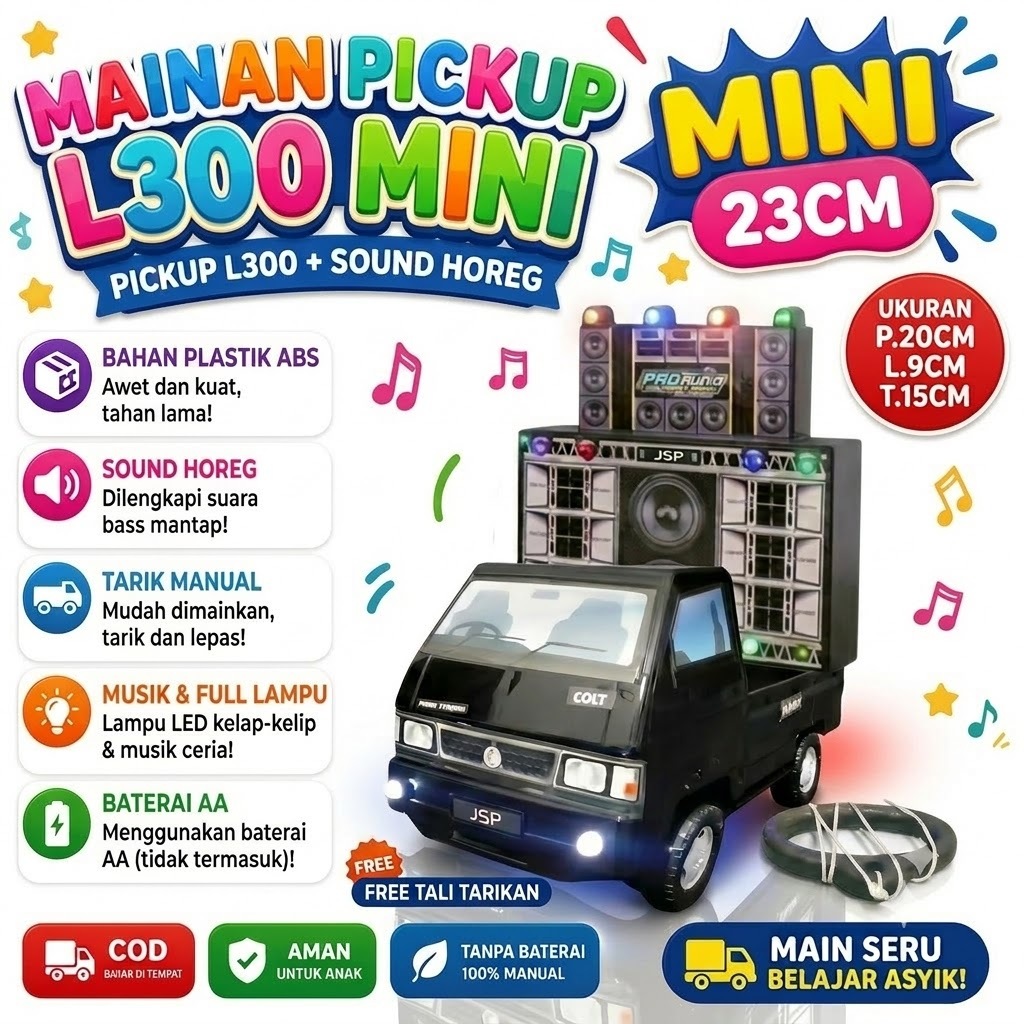 1 Set Mainan Mobil Pickup L300 + Sound Horeg Audio Full Musik dan Lampu