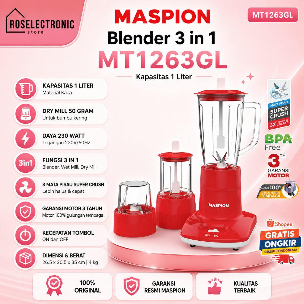 MASPION BLENDER 3 IN 1 BLENDER MT 1263GL/PL PROMO/MT1263GL/PL/MT-1263GL/PL/MT-1263-GL/PL/MT 1263 GL