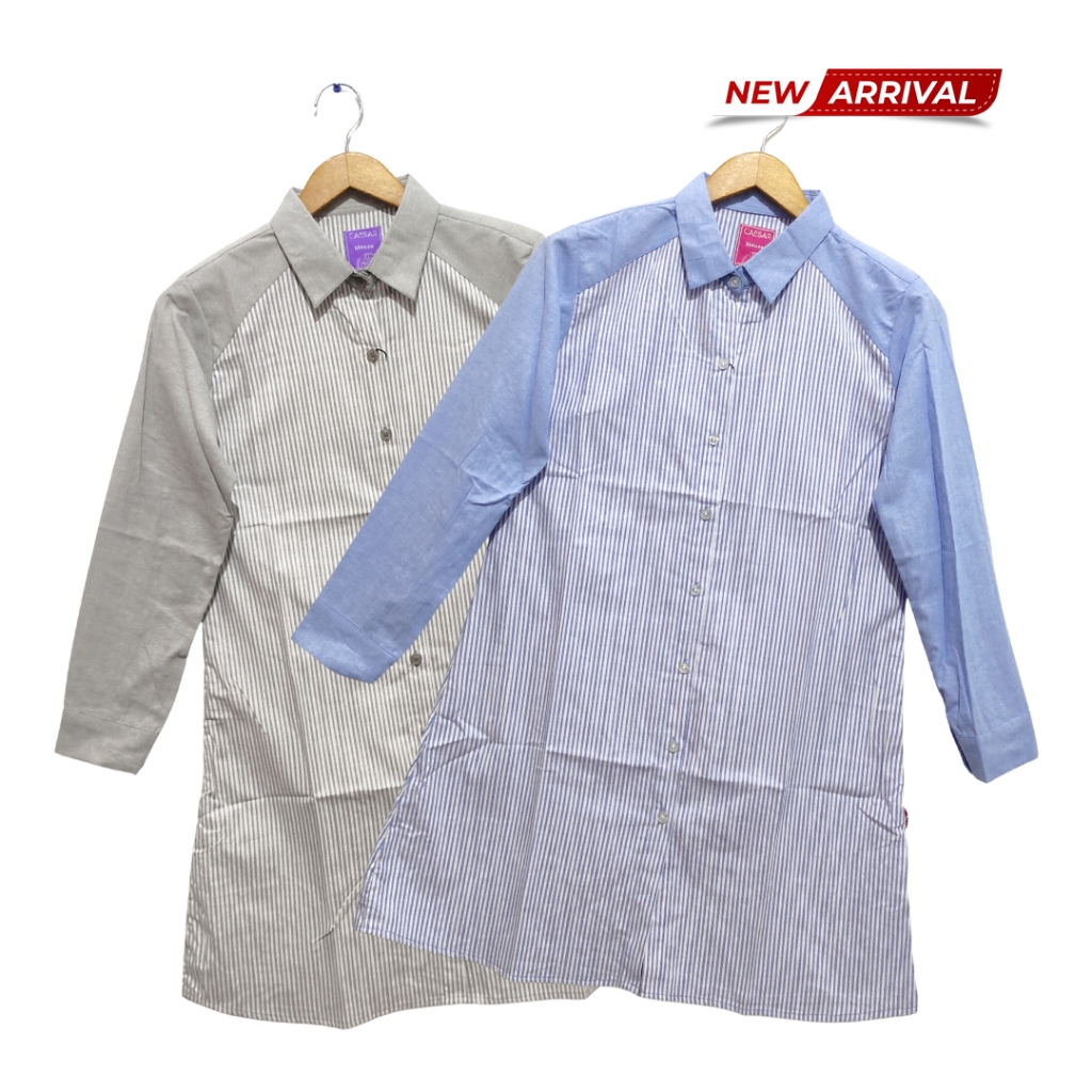 CAESAR LADIES Blouse Wanita Stripe Lengan Panjang Abu Biru Full Kancing