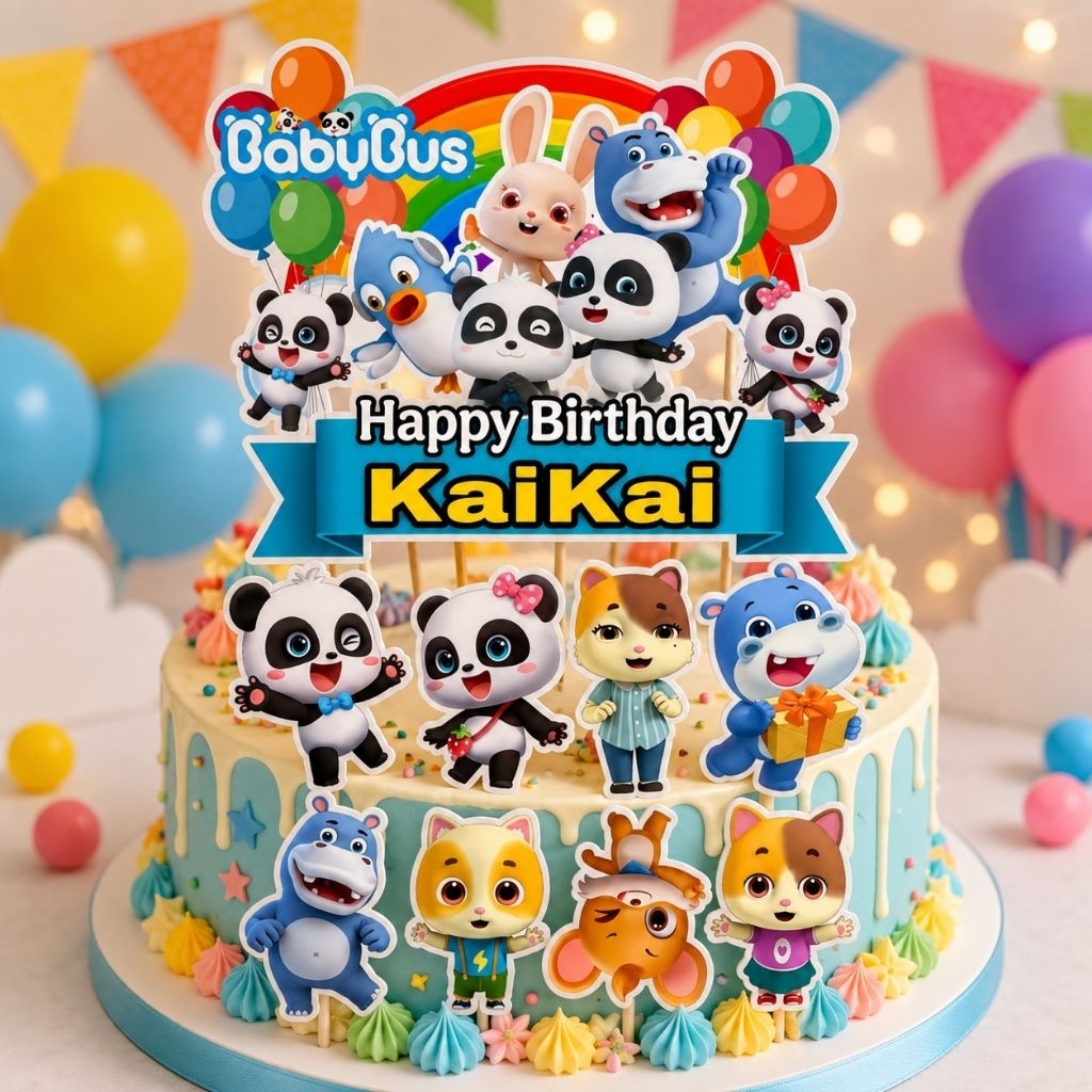 Topper Cake BabyBus Panda Custom Nama Anak / Hiasan Kue Baby Bus Happy Birthday