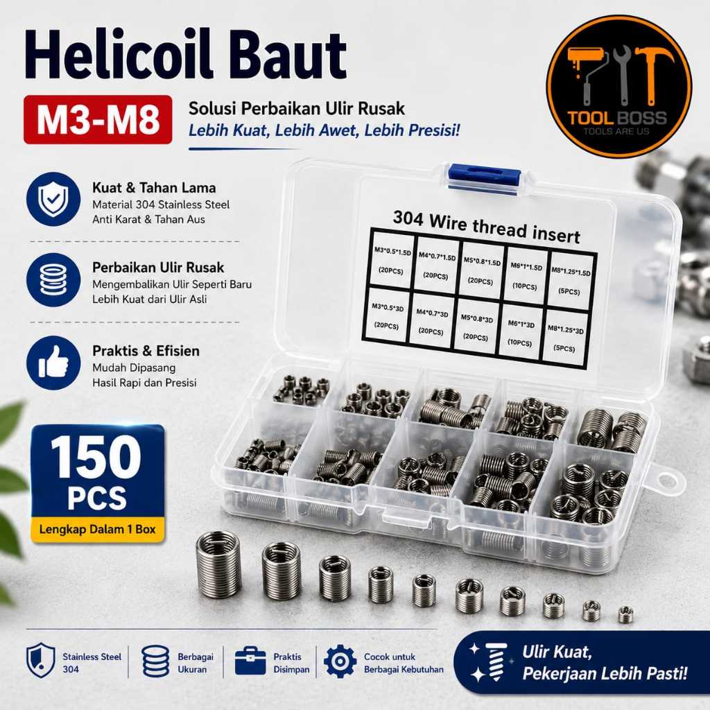 Refil Recoil 150 Pcs Set M3 M4 M5 M6 - Power Shop M8 - Recoil Helicoil BAUT KUNCI Thread Insert
