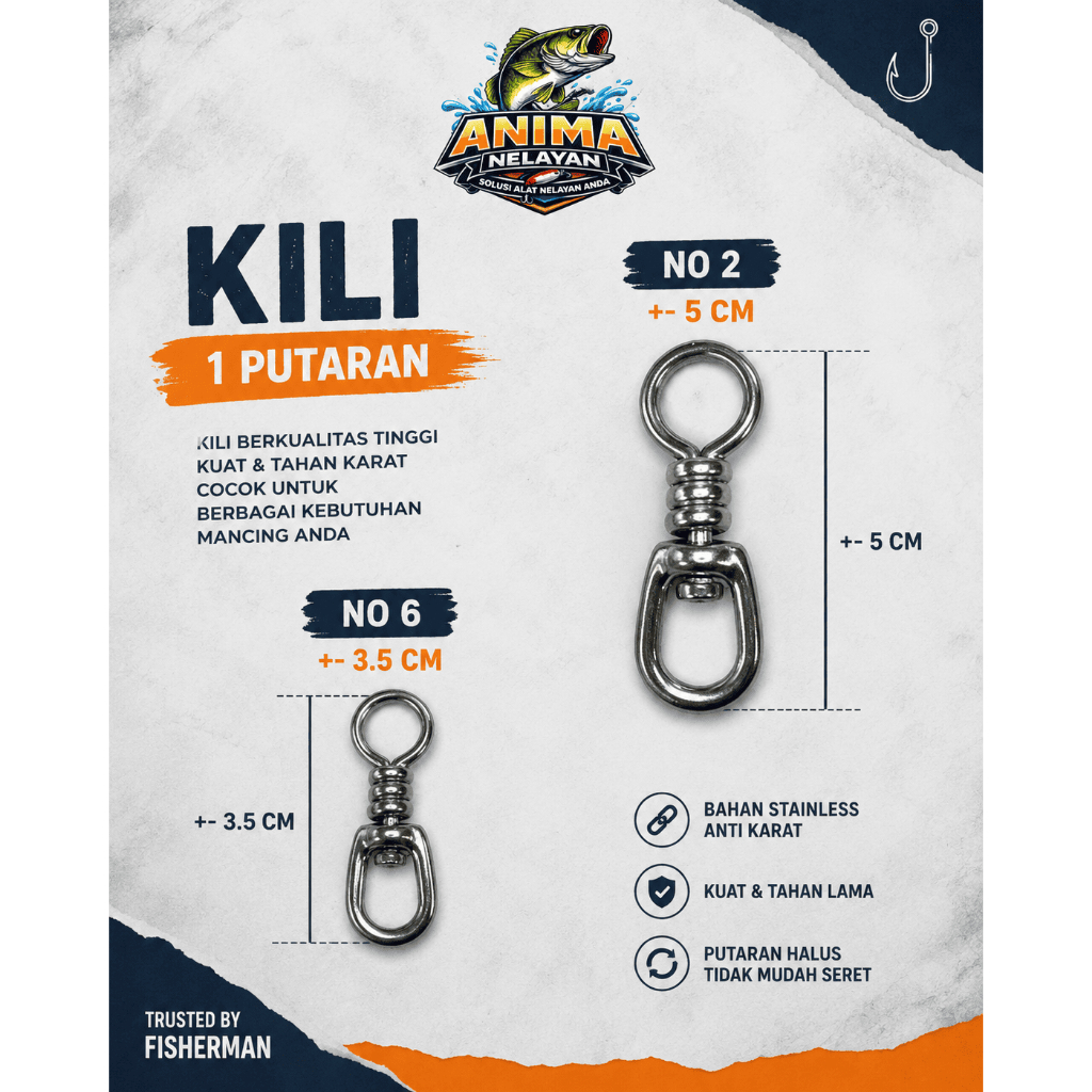 Kili Kili Pancing Tuna No 02# 06# Kili Kili Swivel 1 Putaran Stainless Kuat