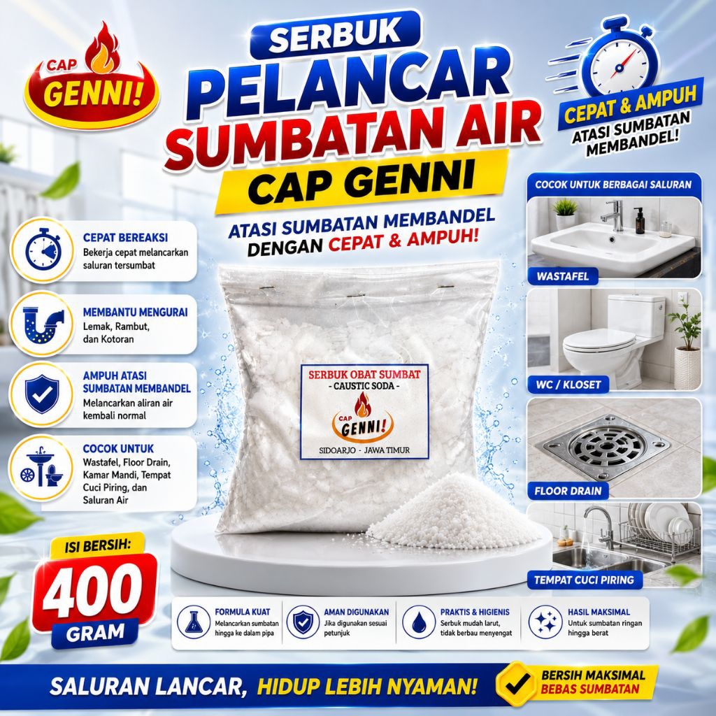 GENNI SERBUK PELANCAR  untuk saluran air/ WC tersumbat,NAOH FLAKE,SODA API untuk wc mampet,obat wc m