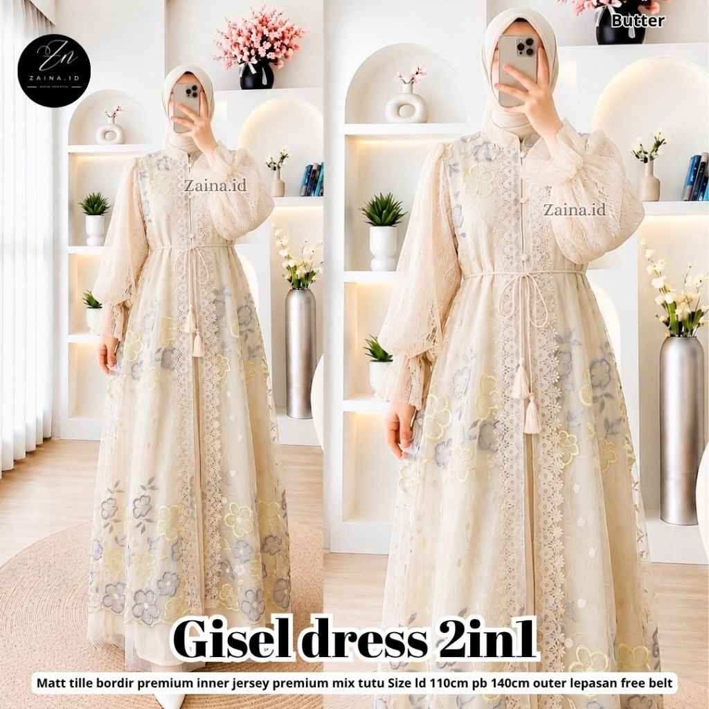 Gisel dress 2in1 premium Original By zaina, Baju gamis maxi dress