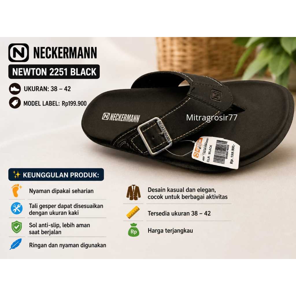 (BISA COD)Sandal Pria NECKERMAN NEWTON 2251 Hitam Original | Ukuran 38-42 | Sandal Casual Premium | 