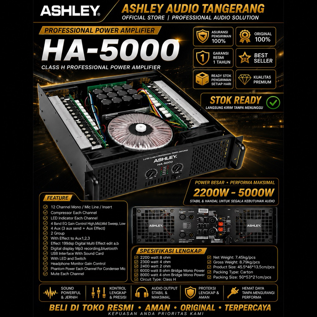 POWER AMPLIFIER ASHLEY 2 CHANNEL CLASS H 2000WATT HA5000 HA-5000 HA 5000 ORIGINAL BERGARANSI RESMI A