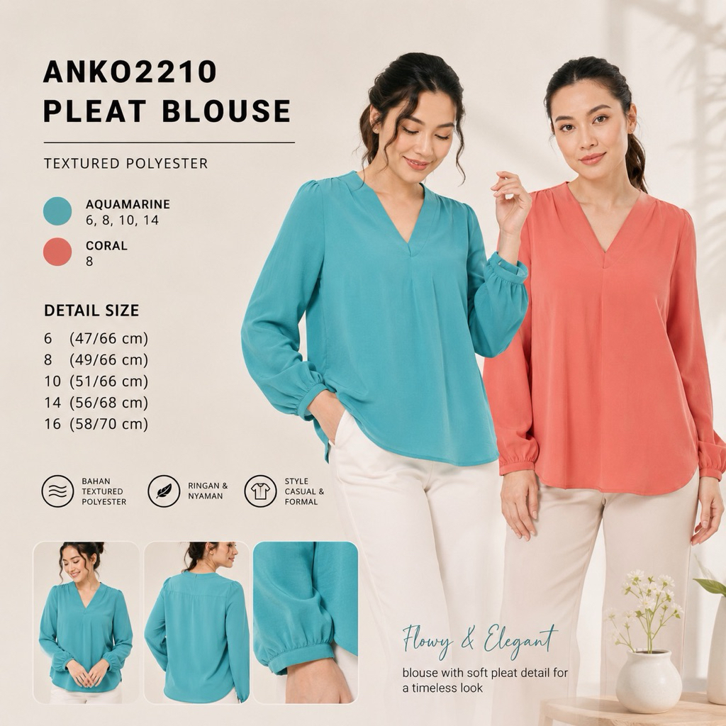 Blouse Wanita Murah Anko 2210 Pleatblouse Aquamarine/ Coral