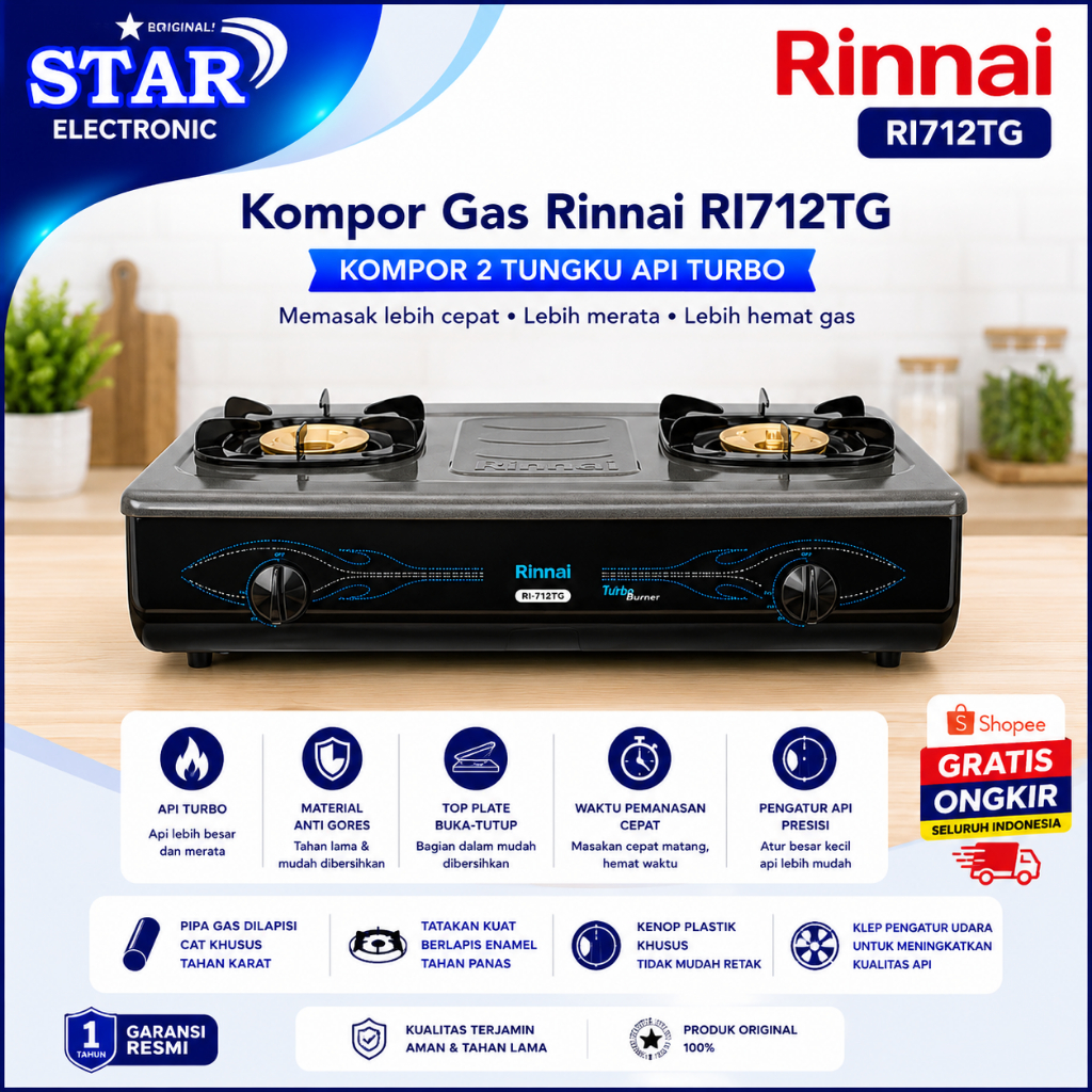RINNAI KOMPOR GAS 2 TUNGKU RI 712 TG/RI712TG/RI 712TG/RI712TG/RI-712TG/ORIGINAL RINNAI/GARANSI RESMI
