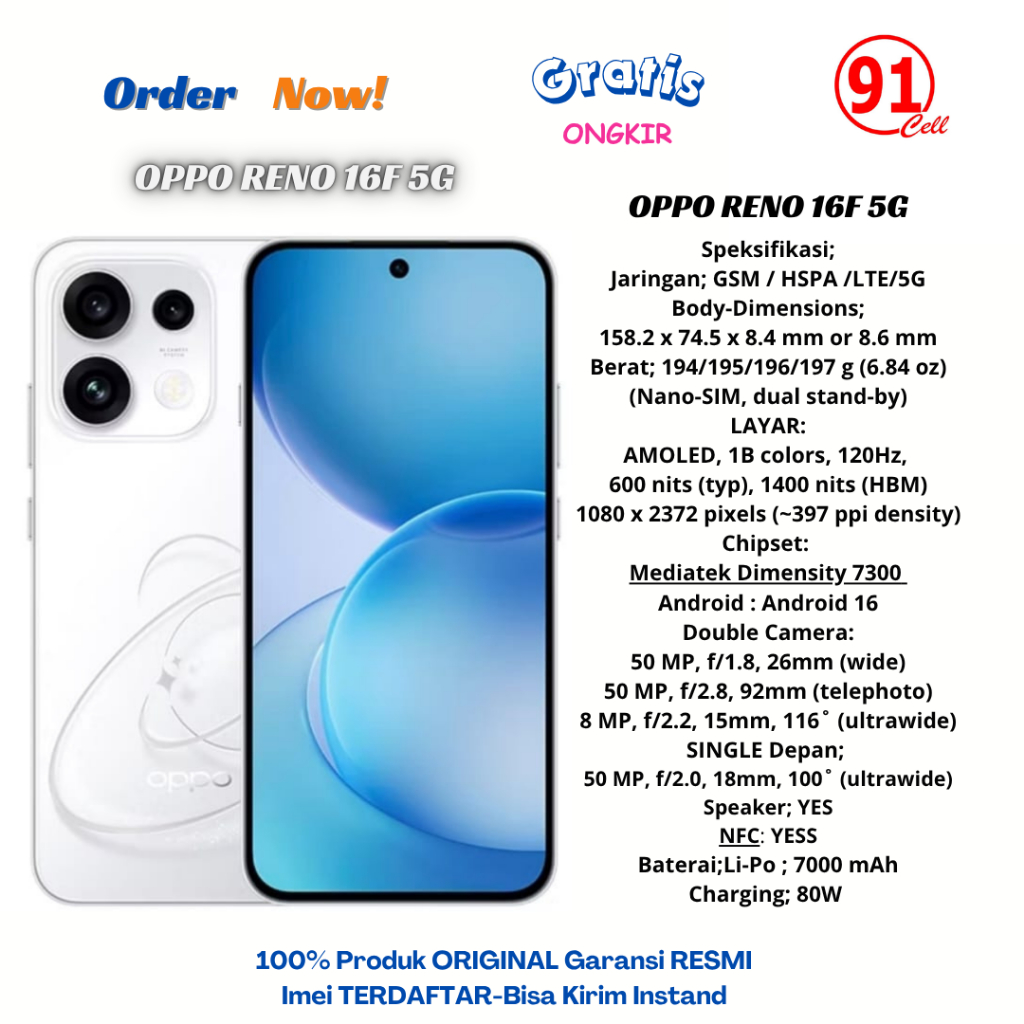 Oppo Reno 16F 5G Ram8/128Gb & Ram8/256GB Garansi Resmi