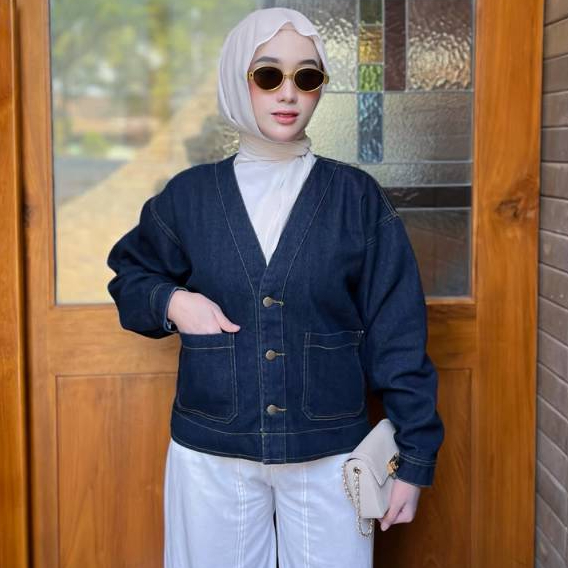 Cardigan Denim Wanita Jumbo Outer Jaket Jeans Oversize Lengan Panjang