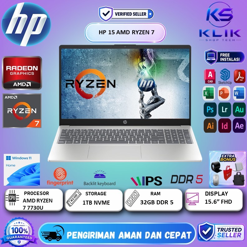 Laptop HP 15 Ryzen 7 7730U Touchscreen RAM 32GB 1TB SSD Windows 11 Silver