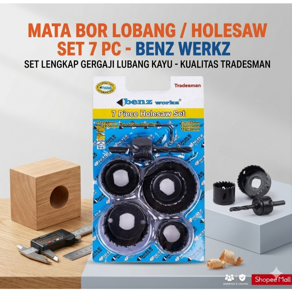 BENZ Holesaw Kit 7 Pcs Alat Pembuat Lubang Paralon Hidroponik Mata Bor Gergaji Bulat Kayu Triplek Se