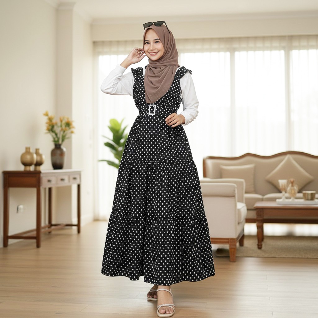 CARLINA Windy Gamis Dress Maxy Polkadot Onde Overall Ruffle