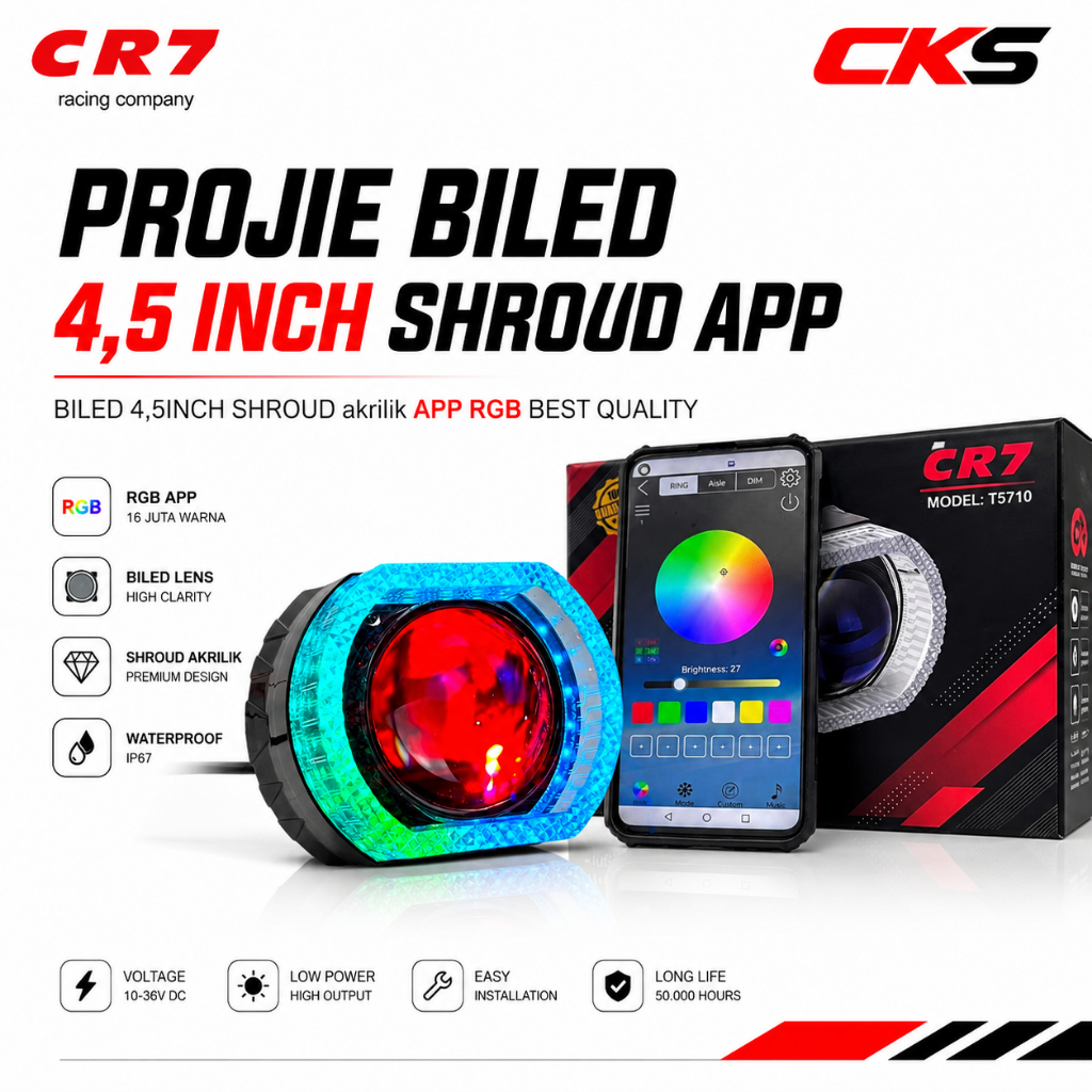CR7 C662 Projie BiLED RGB 4.5 Inch Blue Lens Hi Low APP Bluetooth Devil Shroud Akrilik Projector LED