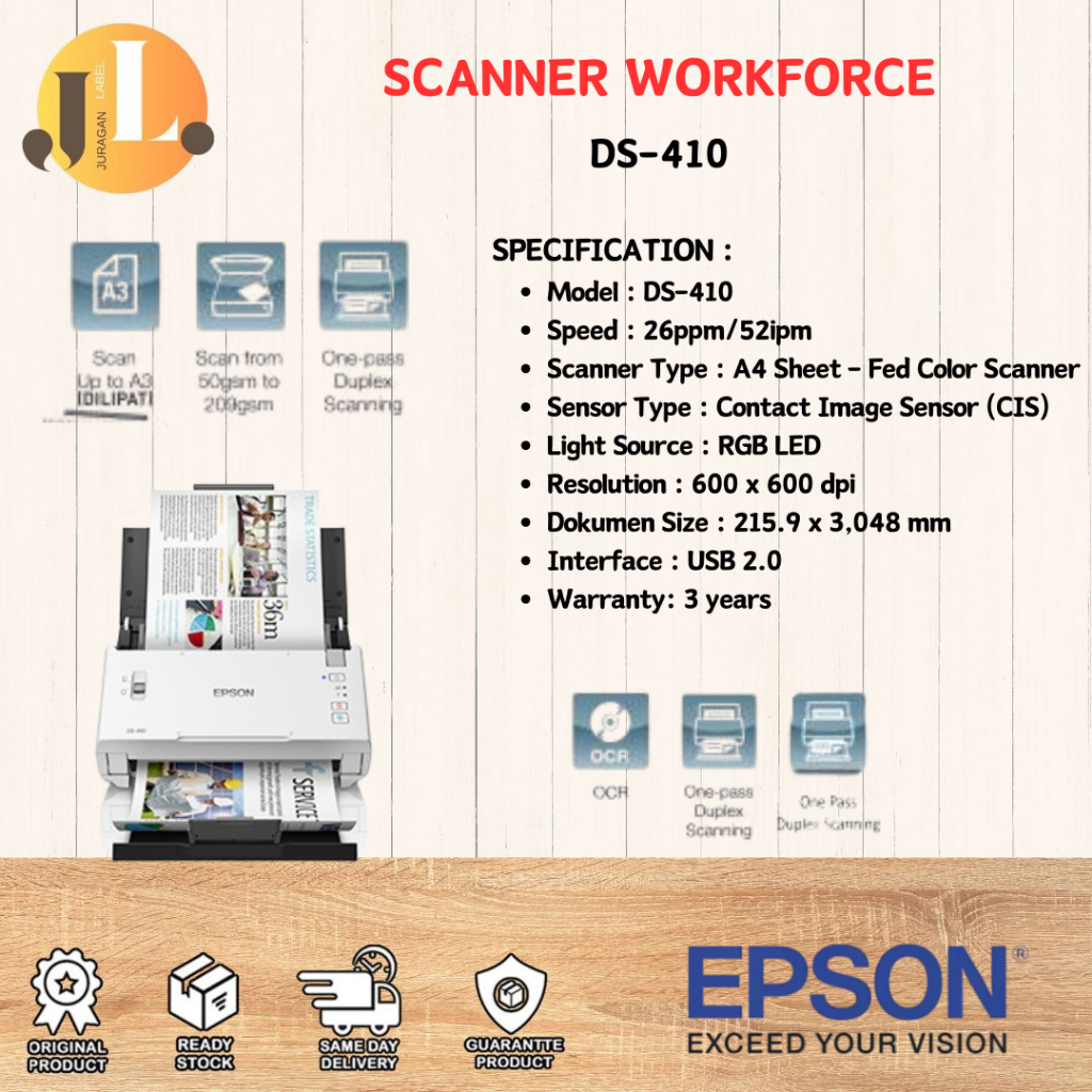 Scanner Epson DS-410 Epson DS410 Scan upto A3 Stitch Garansi Resmi