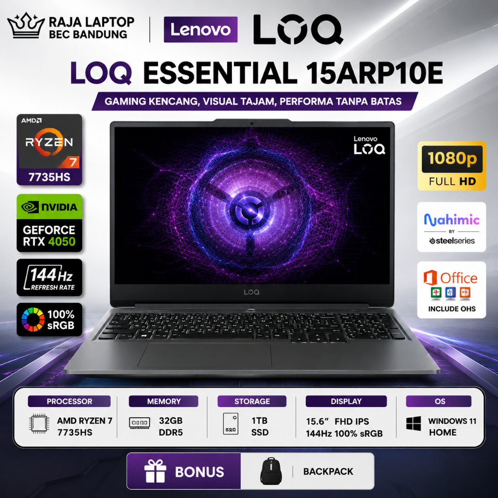 Lenovo LOQ Essential 15ARP10E RTX 4050 6GB AMD Ryzen 7 7735HS Ram 32GB 1TB SSD Windows 11 Home + OHS