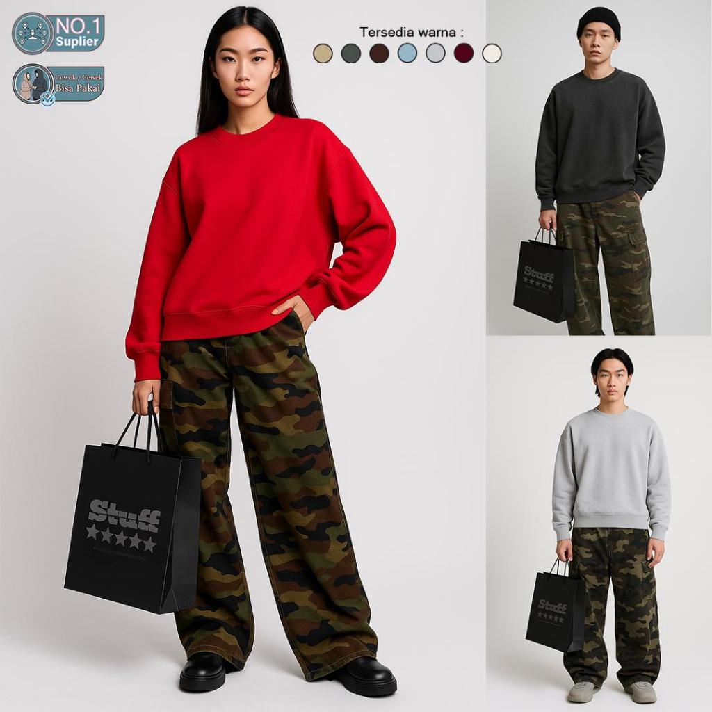 Crewneck Polos Sweater Basic Pria Wanita Oversize Fleece CVC Gramasi 280-350gsm Halus Lembut Sweatsh