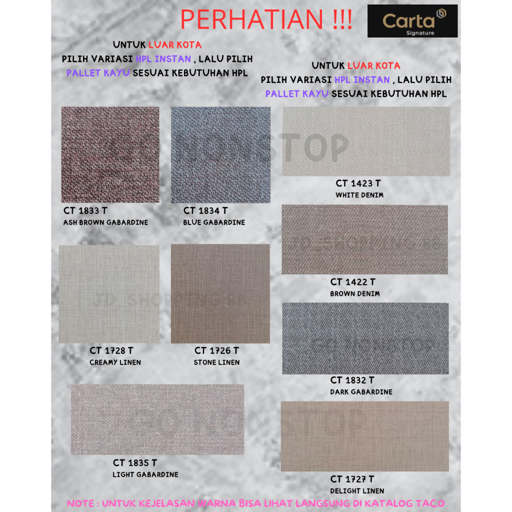 (LUAR KOTA WAJIB PALLET KAYU)HPL CARTA FABRIC CT 1728/1727/1726/1832/1423/1835/1422/1421/1833/1834 T