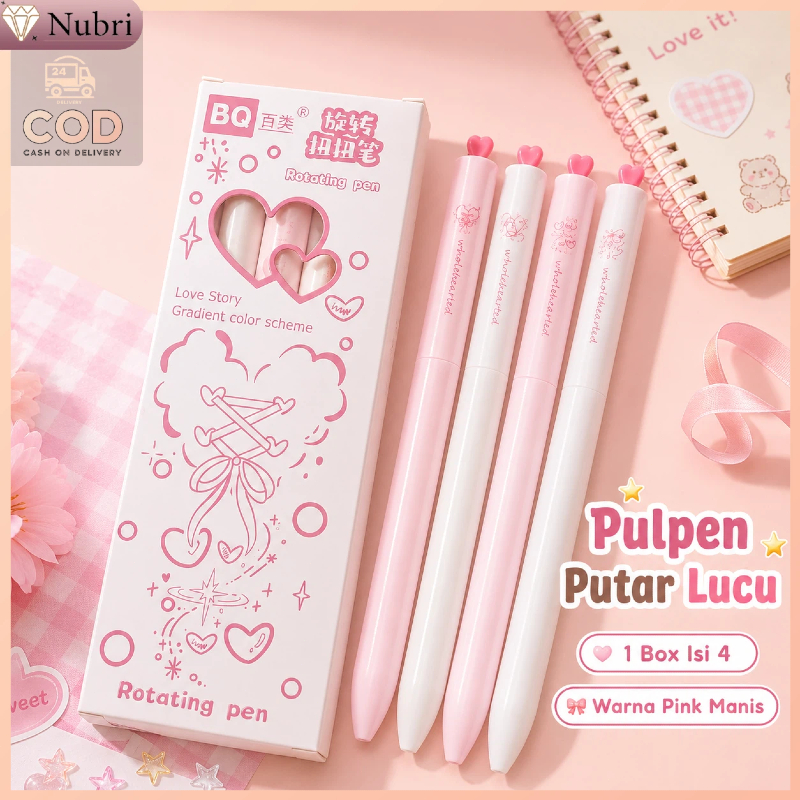 Nubri COD Set 4 Pcs Pulpen Putar Lucu | Pulpen Aesthetic Gradasi Pink Hati | Set Alat Tulis Sekolah